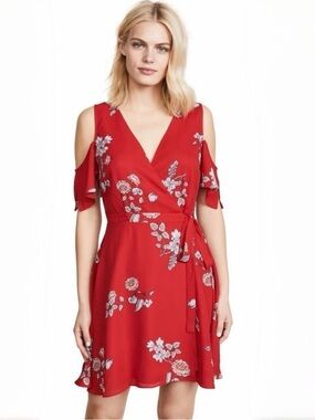 NWT BB Dakota Red Floral Wrap Cold Shoulder Mini Dress Size Small